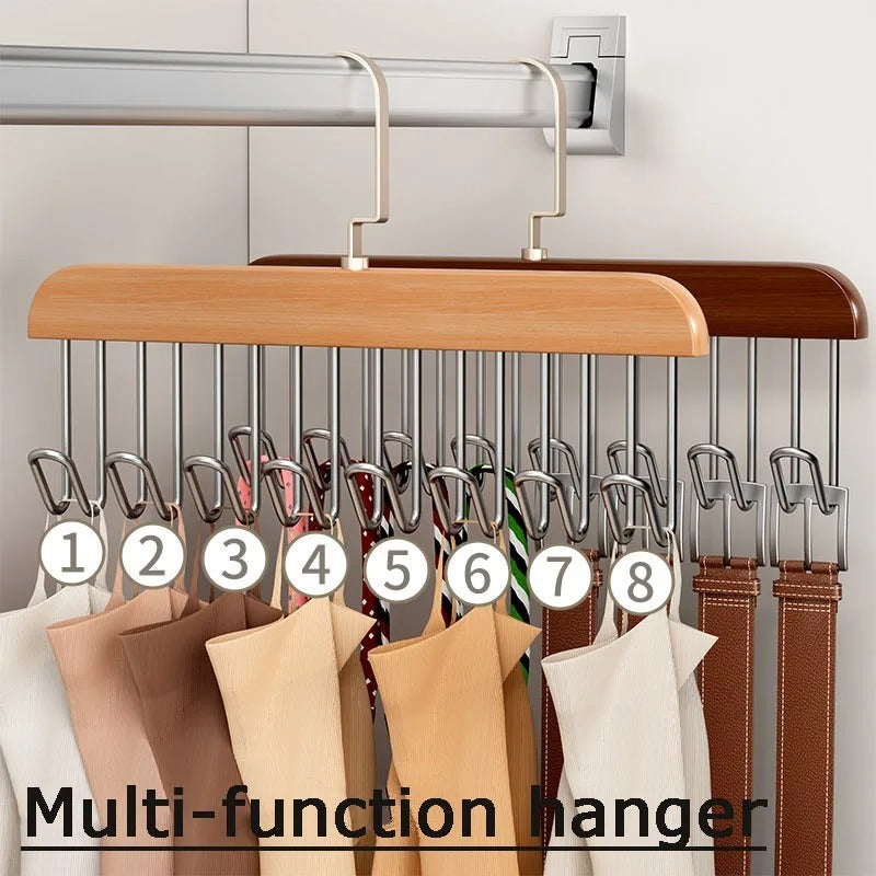 8 Hooks Multi-Function Wooden Caps, Belts & Tie Hanger – Strong No-Trace Storage Rack