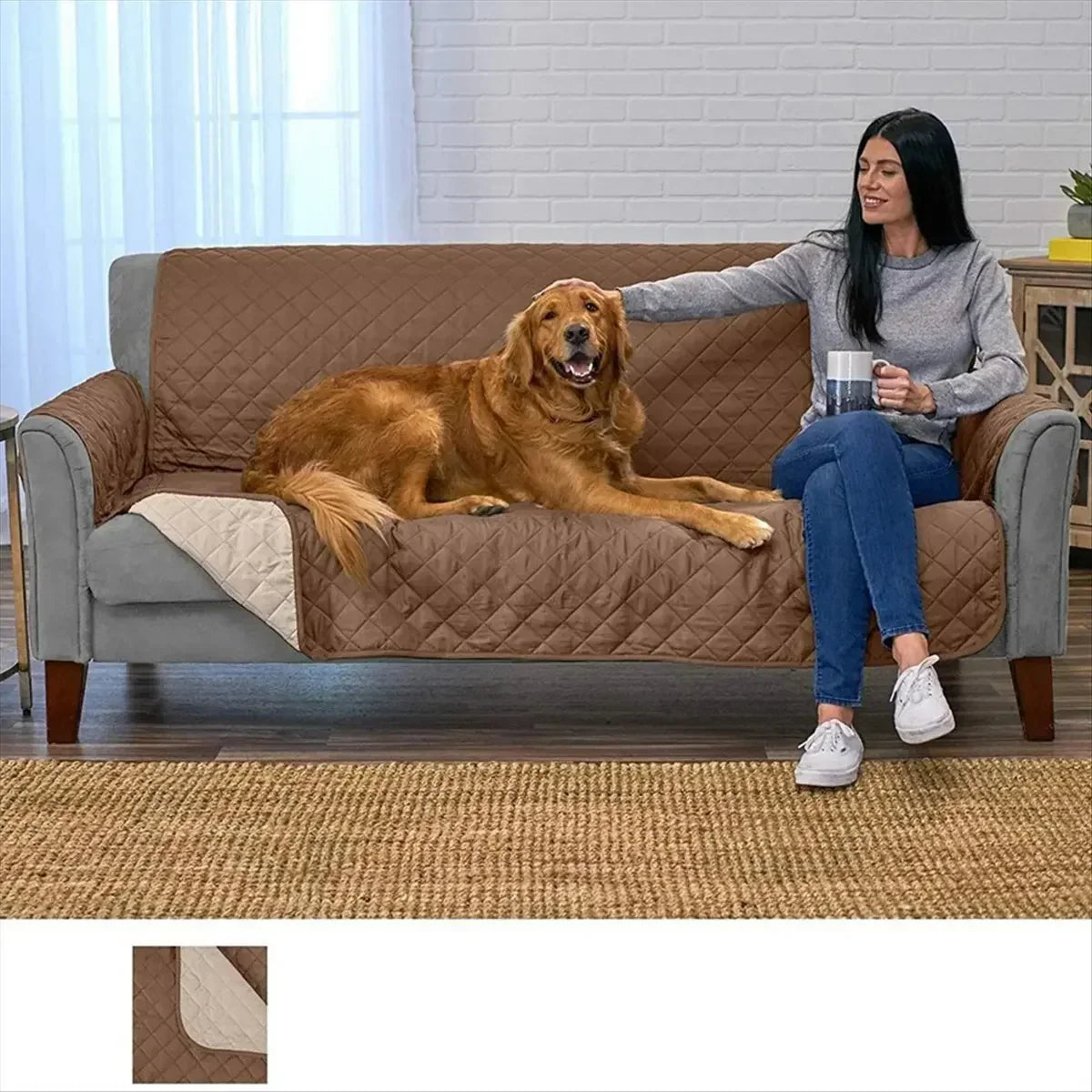 Double Sofa Cover – Reversible & Washable Couch Sofa Coat Cover (Brown)