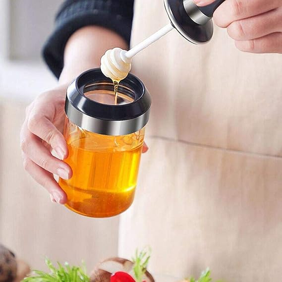 Food Storage Jar Honey Storage with Dipper | Glass Honey Pot Dispenser