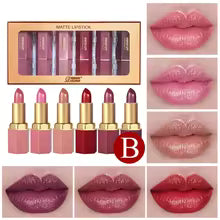 6PCS Gold Bar Tube Matte Lipstick Set – 6 Colors Velvet & Pearlescent Glitter Lip Makeup