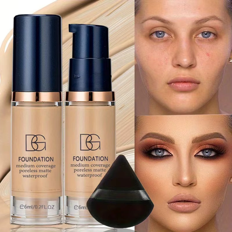 2Pcs Full Coverage Liquid Foundation & Black Triangular Powder Puff Set – Matte Finish Makeup