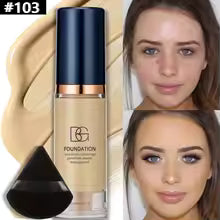 2Pcs Full Coverage Liquid Foundation & Black Triangular Powder Puff Set – Matte Finish Makeup