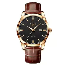 LIGE Men's Brown Leather Quartz Watch – Military Sports Chronograph Wristwatch