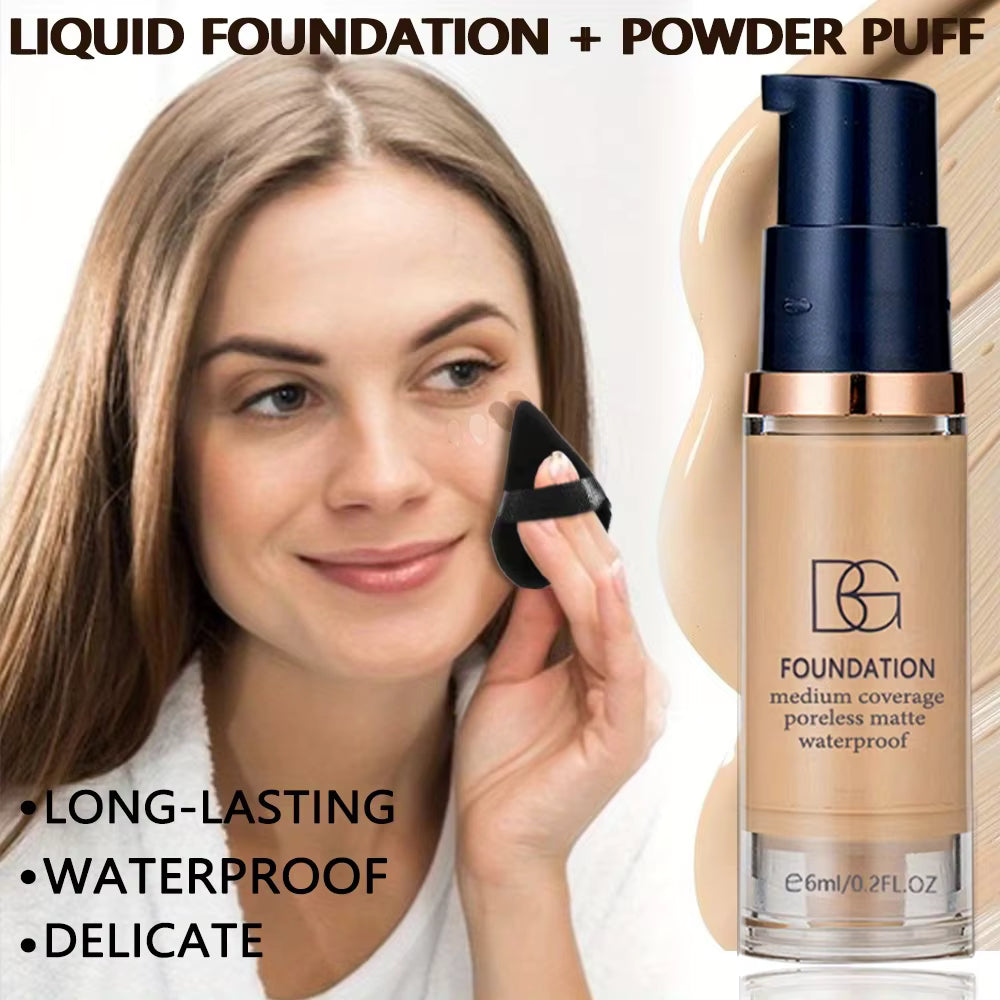 2Pcs Full Coverage Liquid Foundation & Black Triangular Powder Puff Set – Matte Finish Makeup