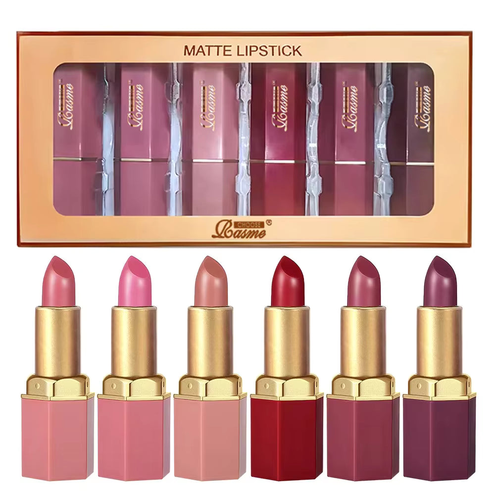 6PCS Gold Bar Tube Matte Lipstick Set – 6 Colors Velvet & Pearlescent Glitter Lip Makeup
