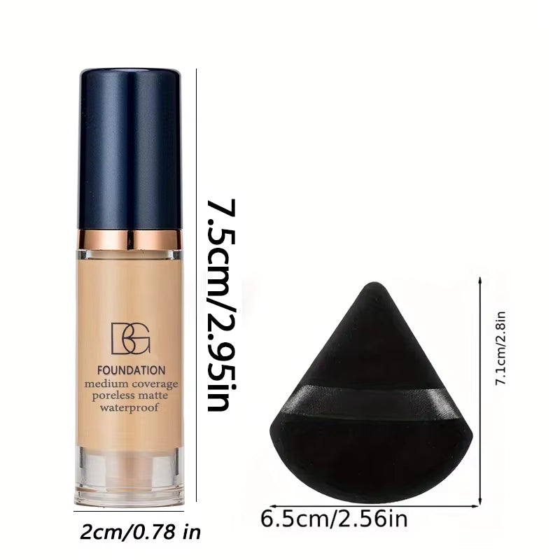 2Pcs Full Coverage Liquid Foundation & Black Triangular Powder Puff Set – Matte Finish Makeup