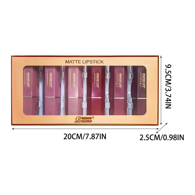 6PCS Gold Bar Tube Matte Lipstick Set – 6 Colors Velvet & Pearlescent Glitter Lip Makeup